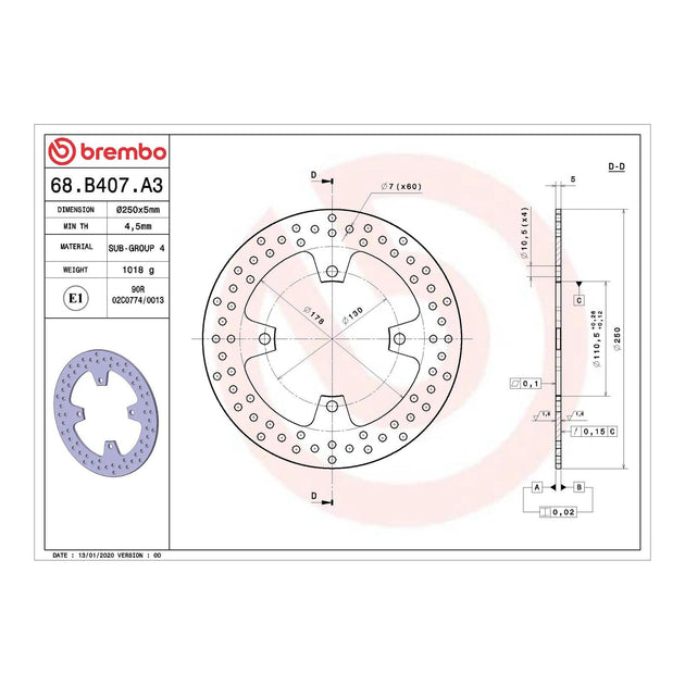 Brembo Prime Serie Oro Rear Brake Disc 68B407A3