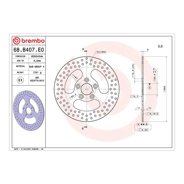 Brembo Prime Serie Oro Rear Brake Disc 68B407E0