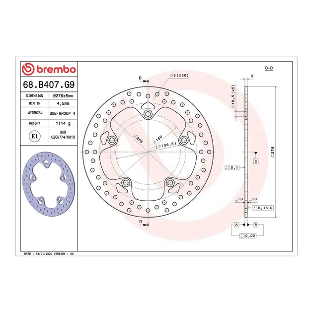 Brembo Prime Serie Oro Rear Brake Disc 68B407G9