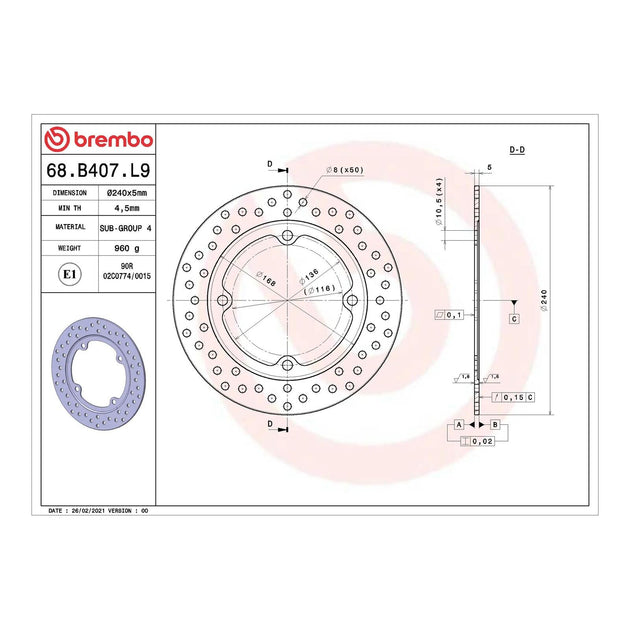 Brembo Prime Serie Oro Rear Brake Disc 68B407L9
