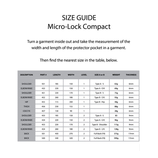 KNOX Size Chart - MicroLock Compact
