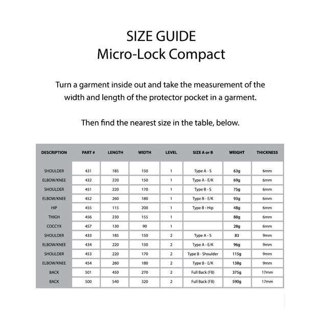 KNOX Size Chart - MicroLock Compact